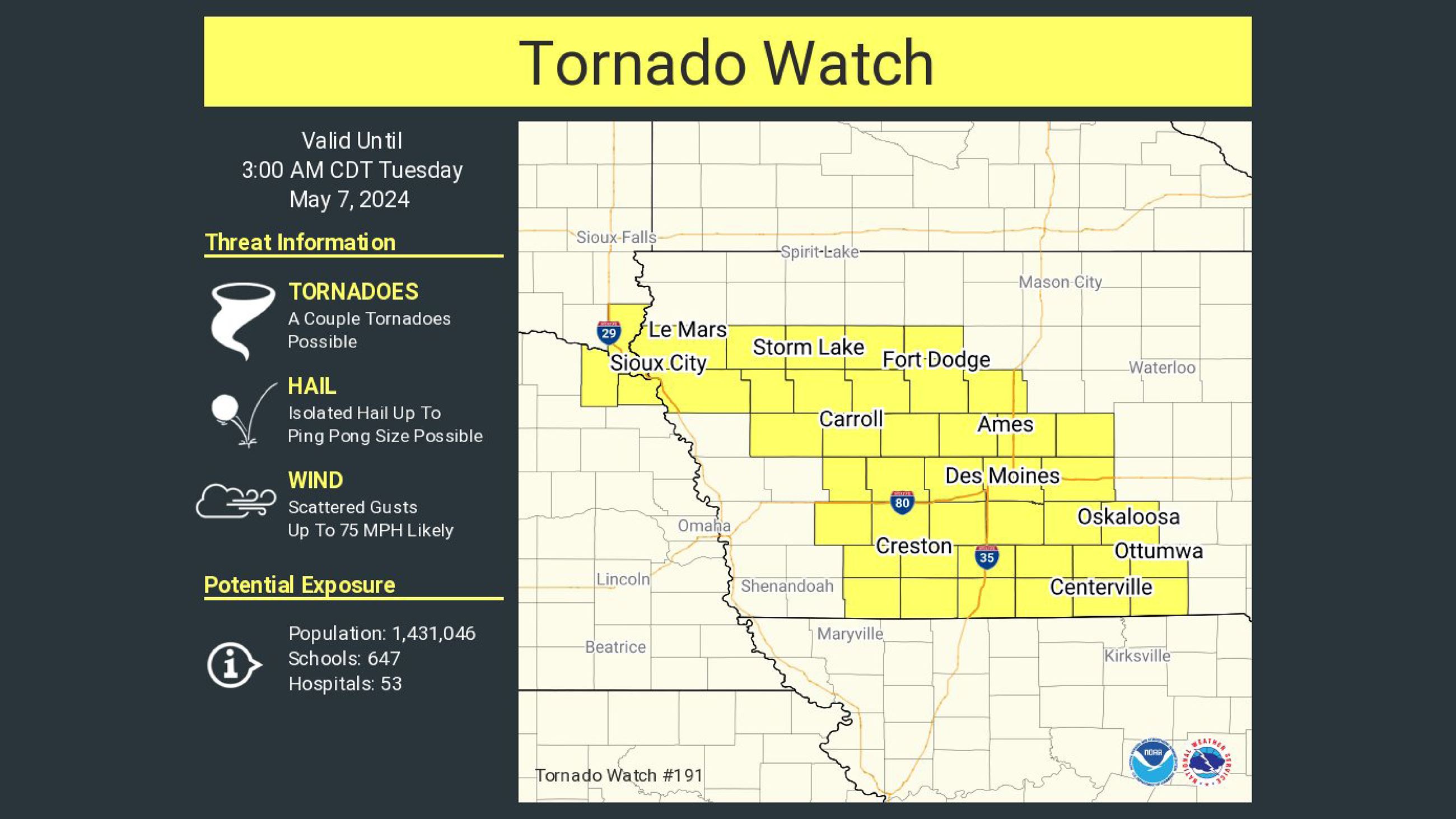 A tornado watch has been issued for Warren County and Indianola until 3 a.m. Tuesday, May 7, 2024.