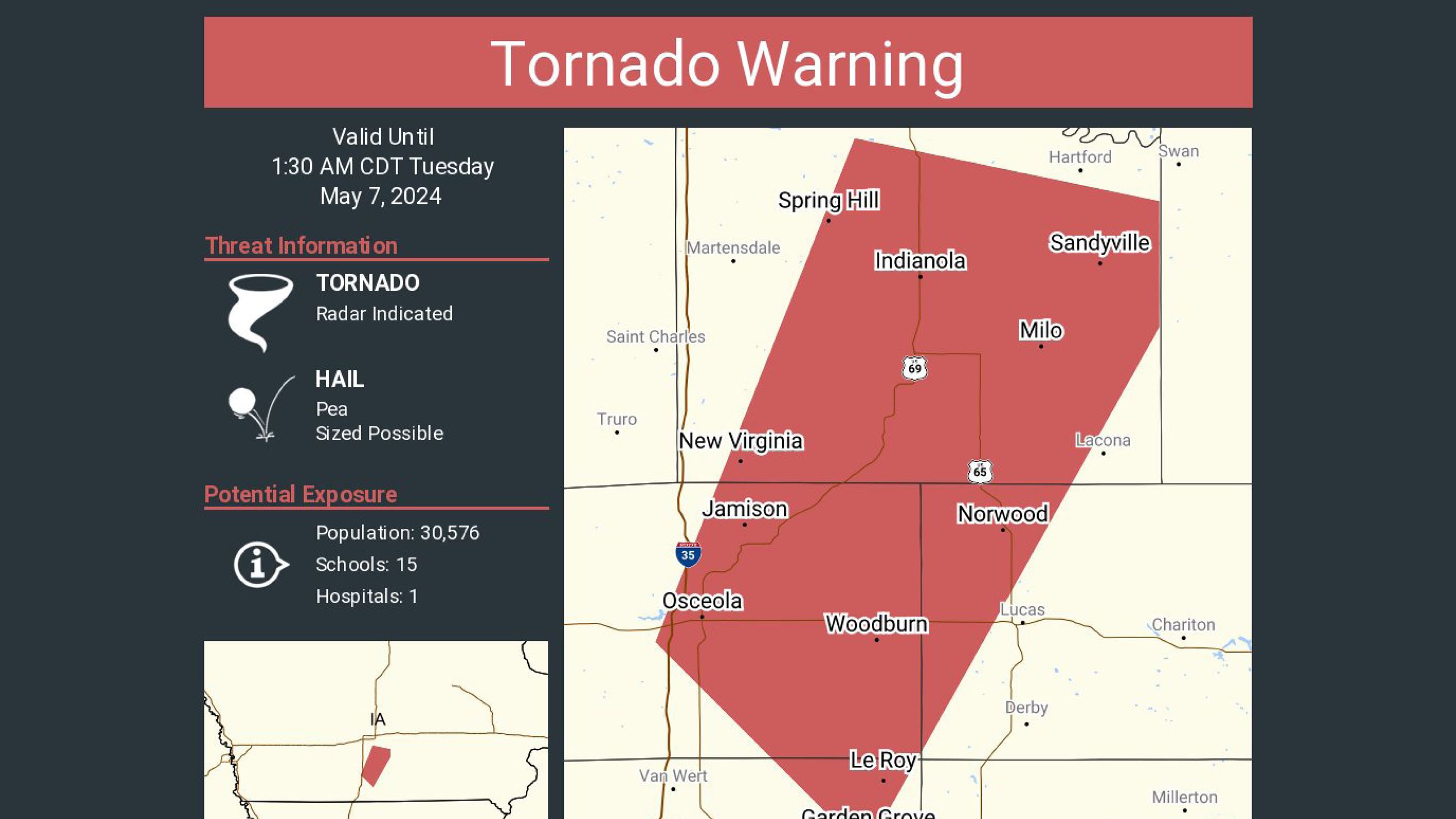Tornado Warning issued for Indianola, Warren County until 1:30 a.m. Tuesday, May 7, 2024.