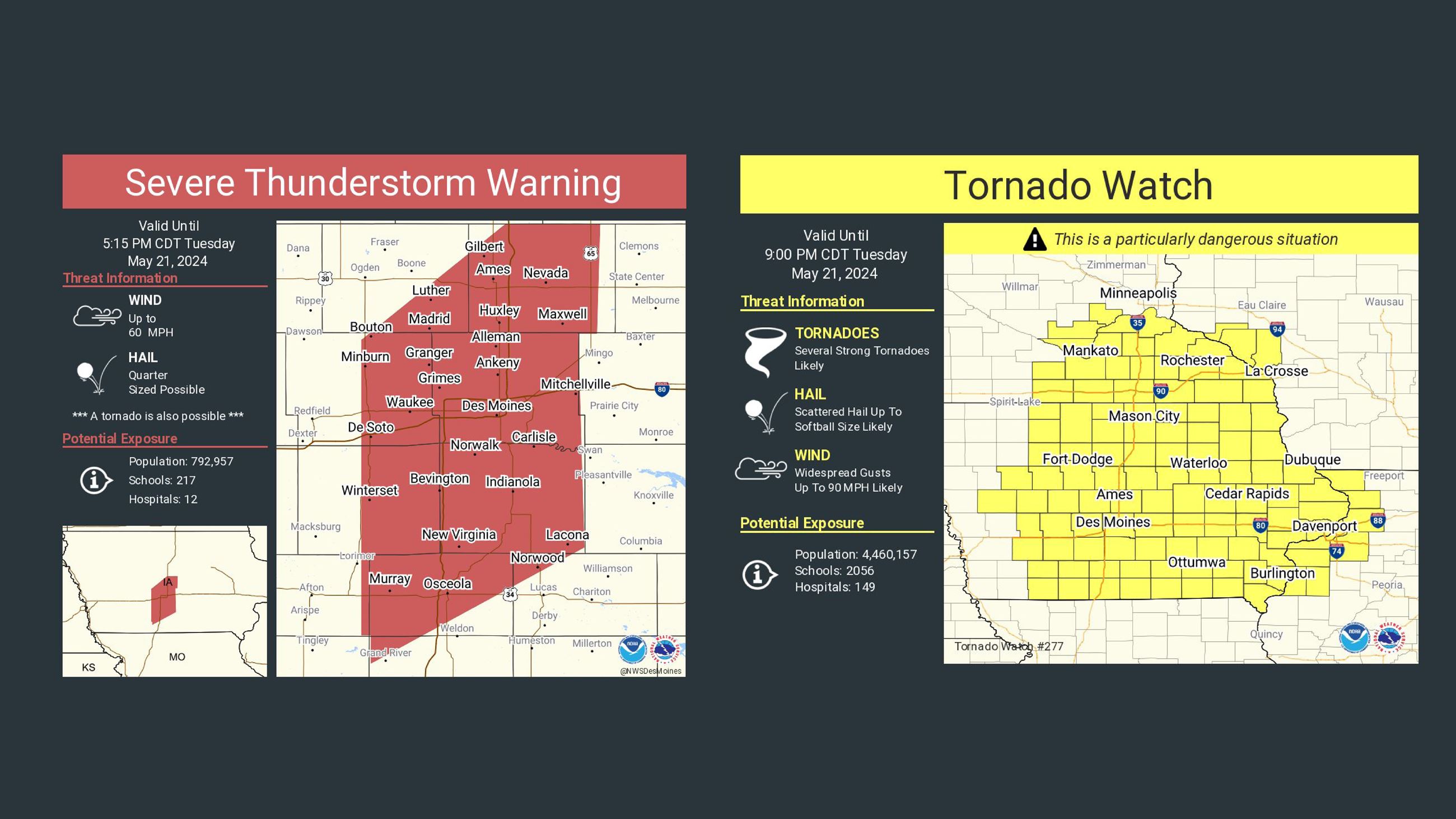 Severe Thunderstorm Warning and Tornado Watch issued for Indianola and Warren County May 21, 2024.