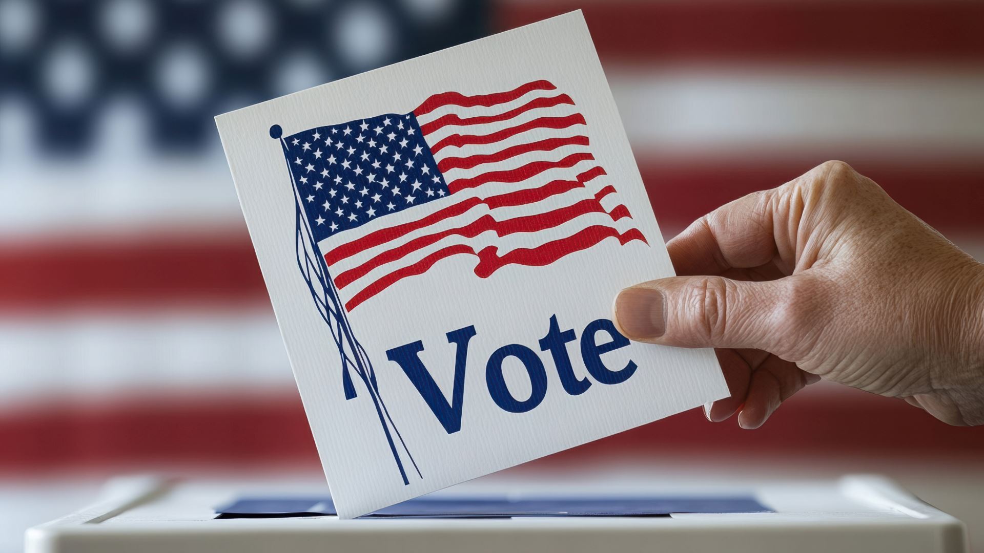 A hand placing a card that says vote with a U.S. flag into a box.