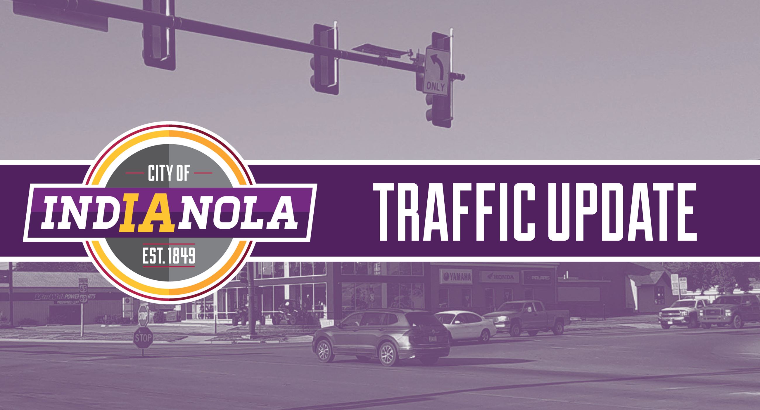 City of Indianola logo with text that reads Traffic Update and a photo of vehicles on a road.