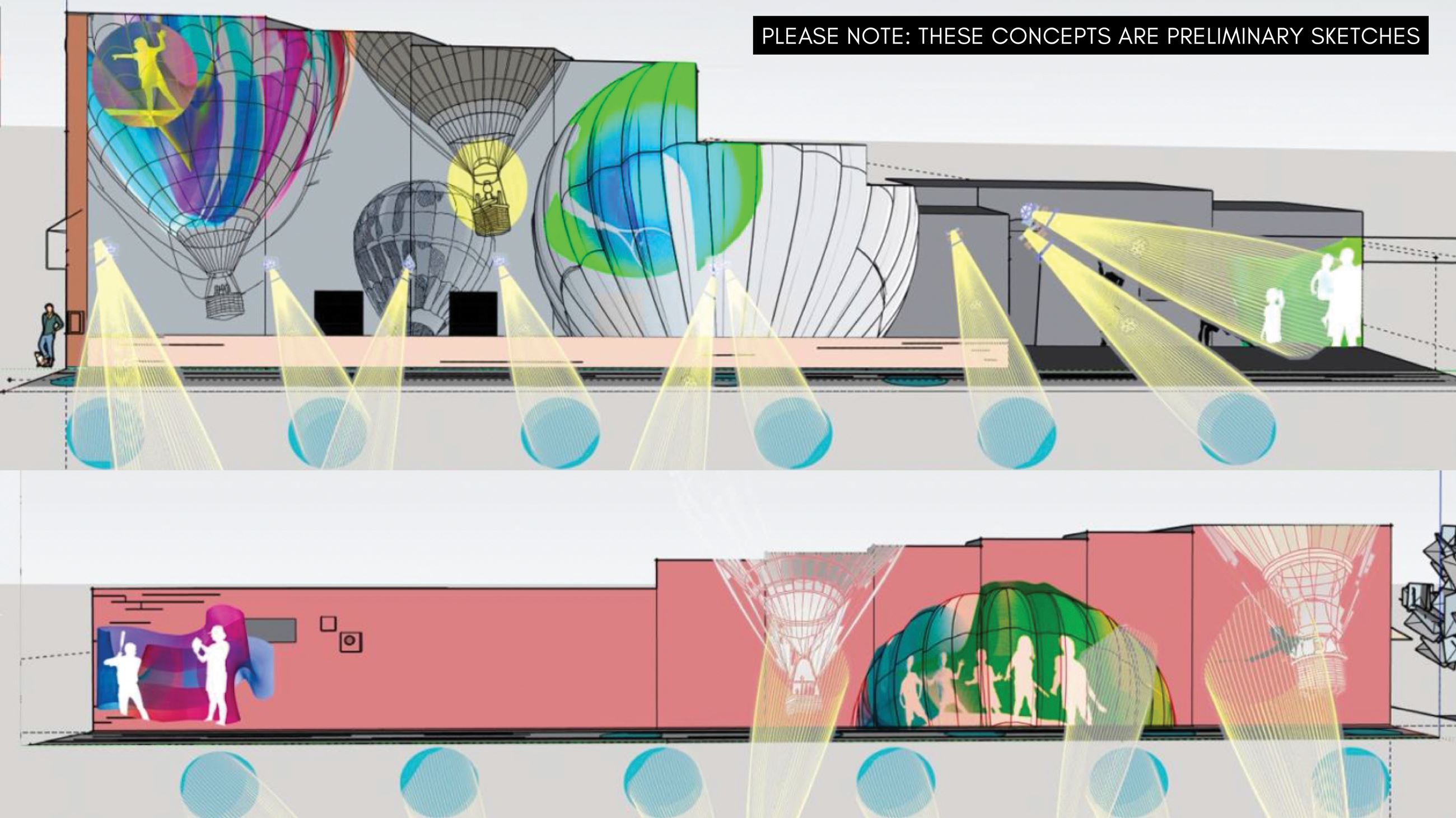 Preliminary sketches of the Illuminate Indianola project for the alleyway between 111-115 N Buxton.