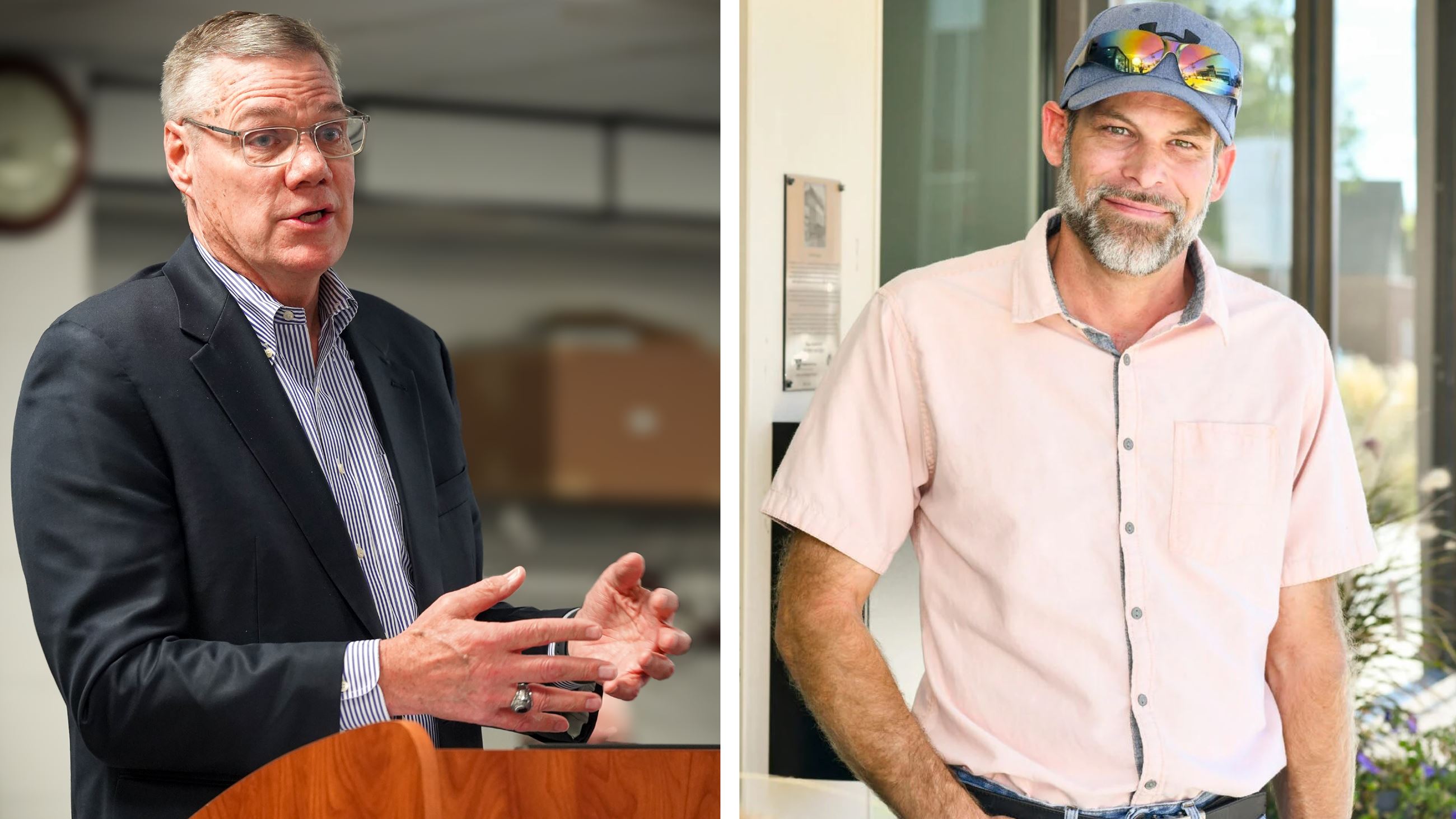 One man wearing a suit speaks to an audience and another man smiling for a portrait photo.
