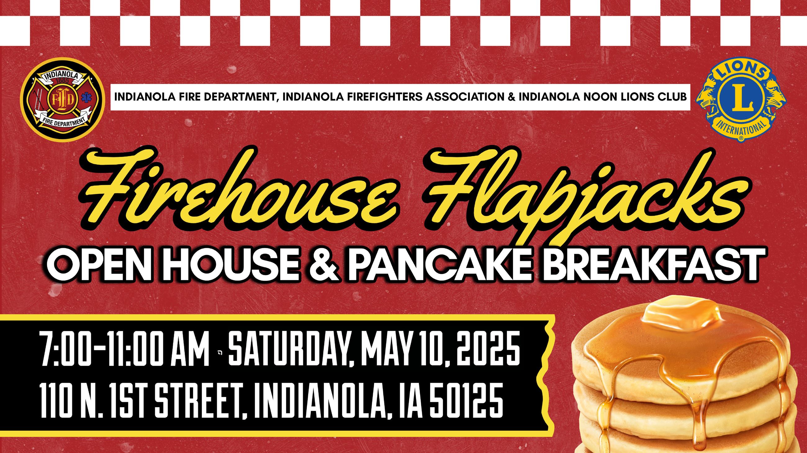 Pancakes with syrup on a red background promoting a pancake breakfast fundraiser May 10, 2025.