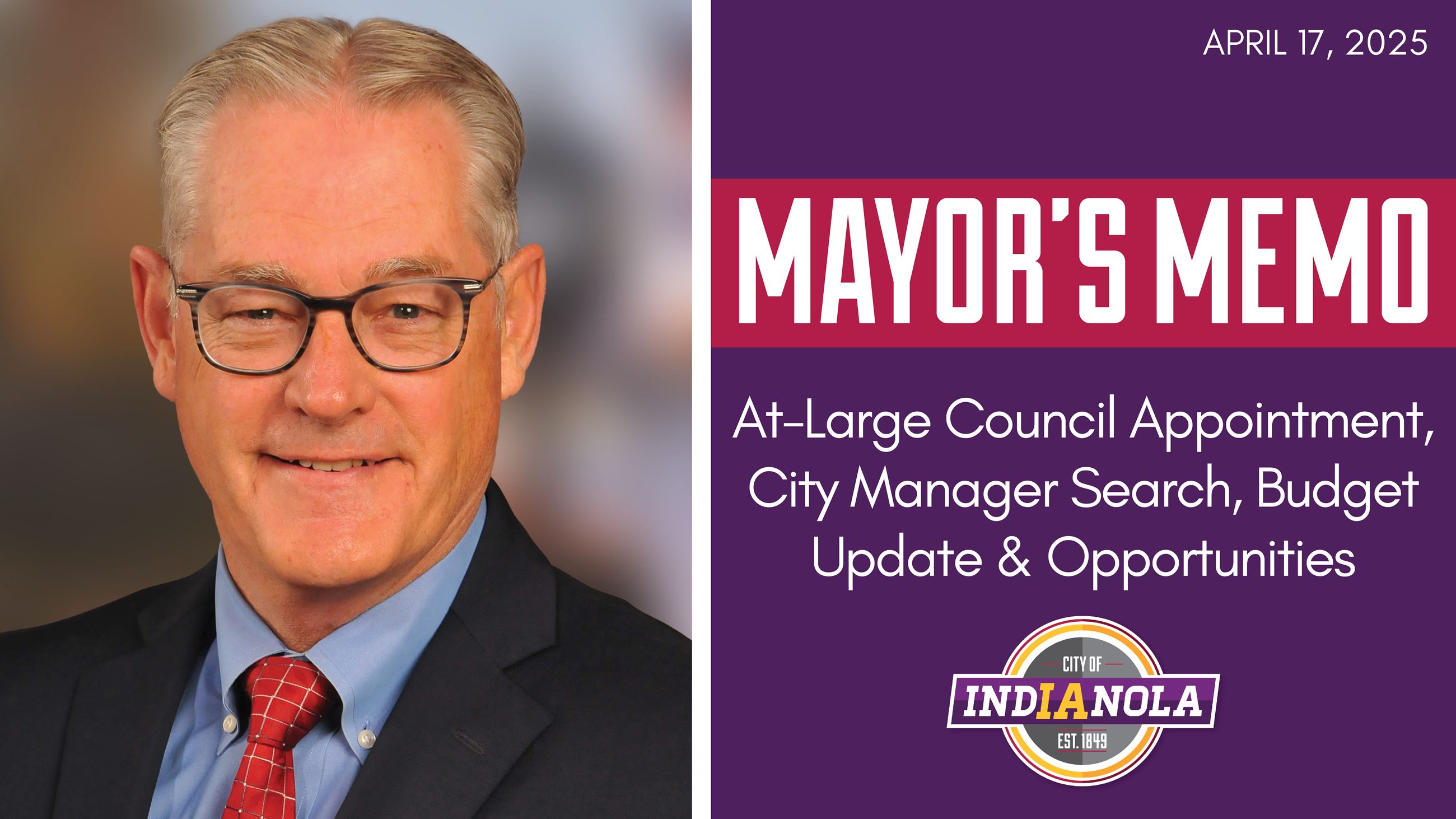 Man with glasses in a suit smiling to promote the Mayor's Memo for April 17, 2025.