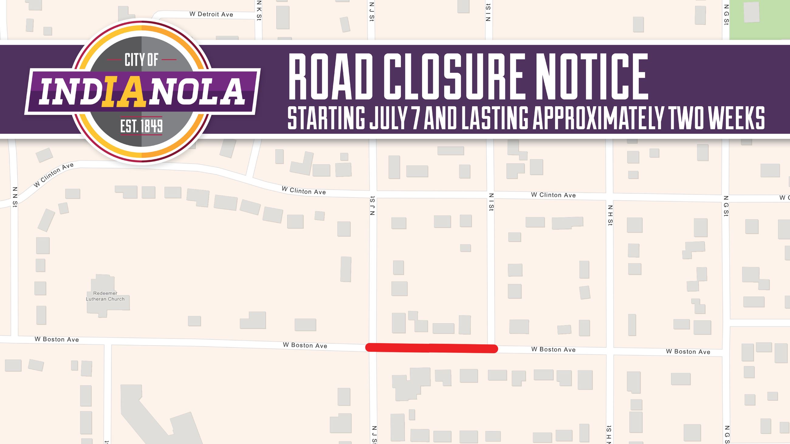 An aerial map of a road closure at West Boston Avenue between N I and N J streets in Indianola.