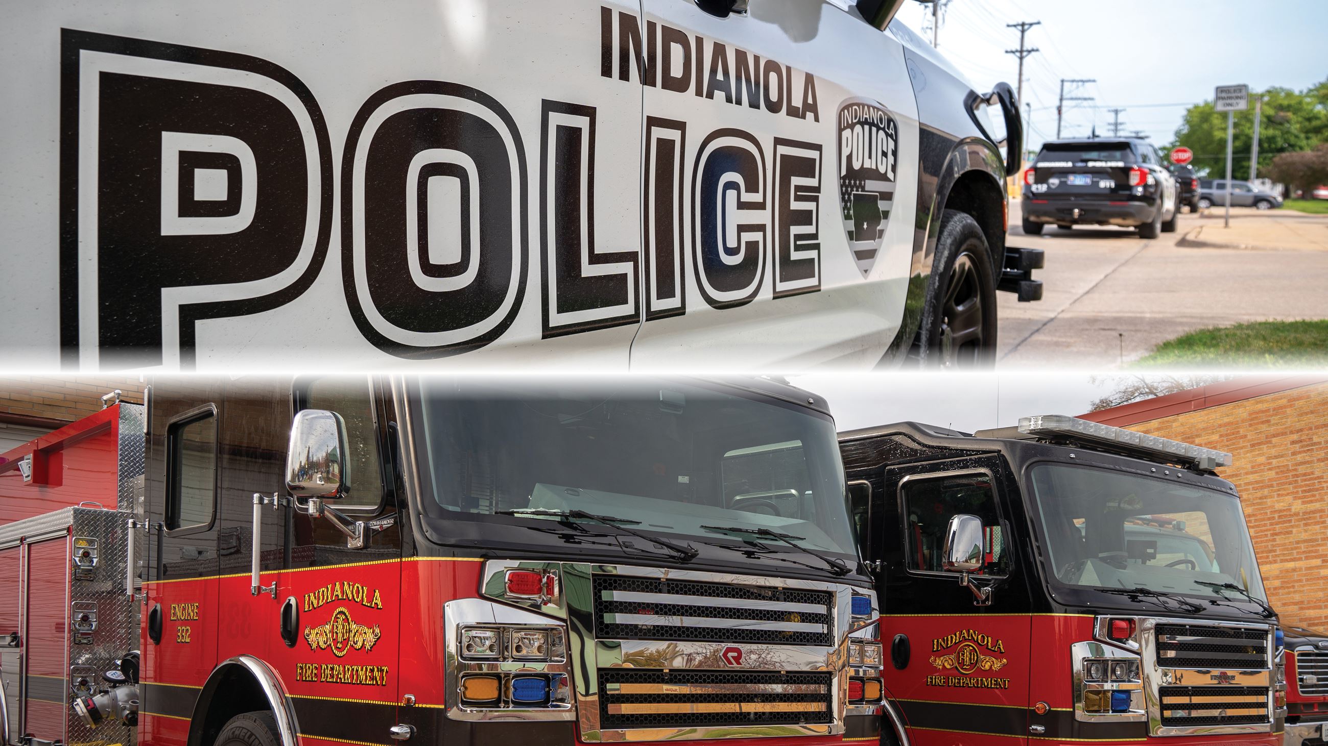 Top photo shows an Indianola Police vehicle parked and bottom photo shows two Indianola Fire trucks.