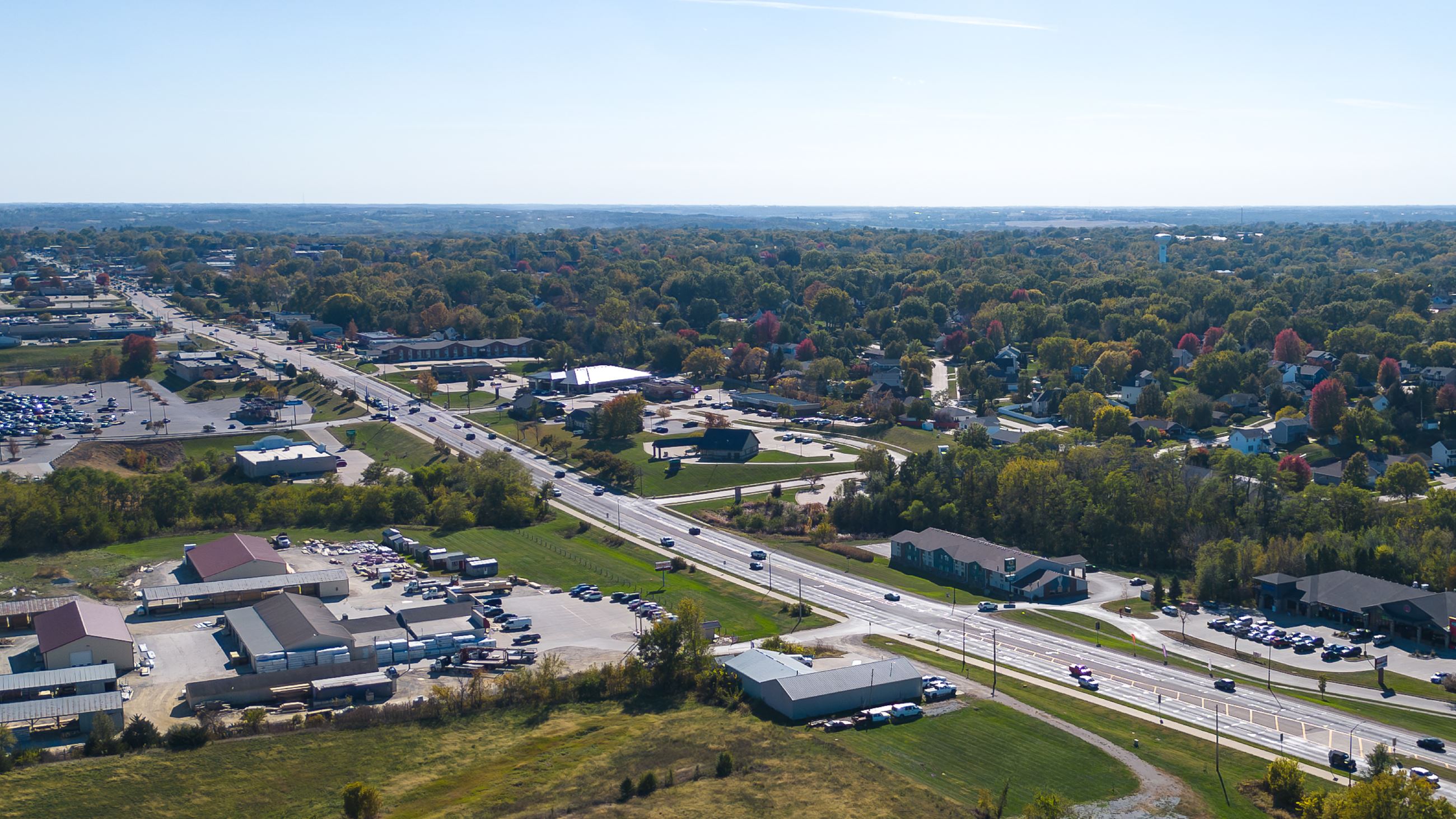 An aerial view of Indianola, Iowa, overlooking Highway 65 in the northern part of the city.