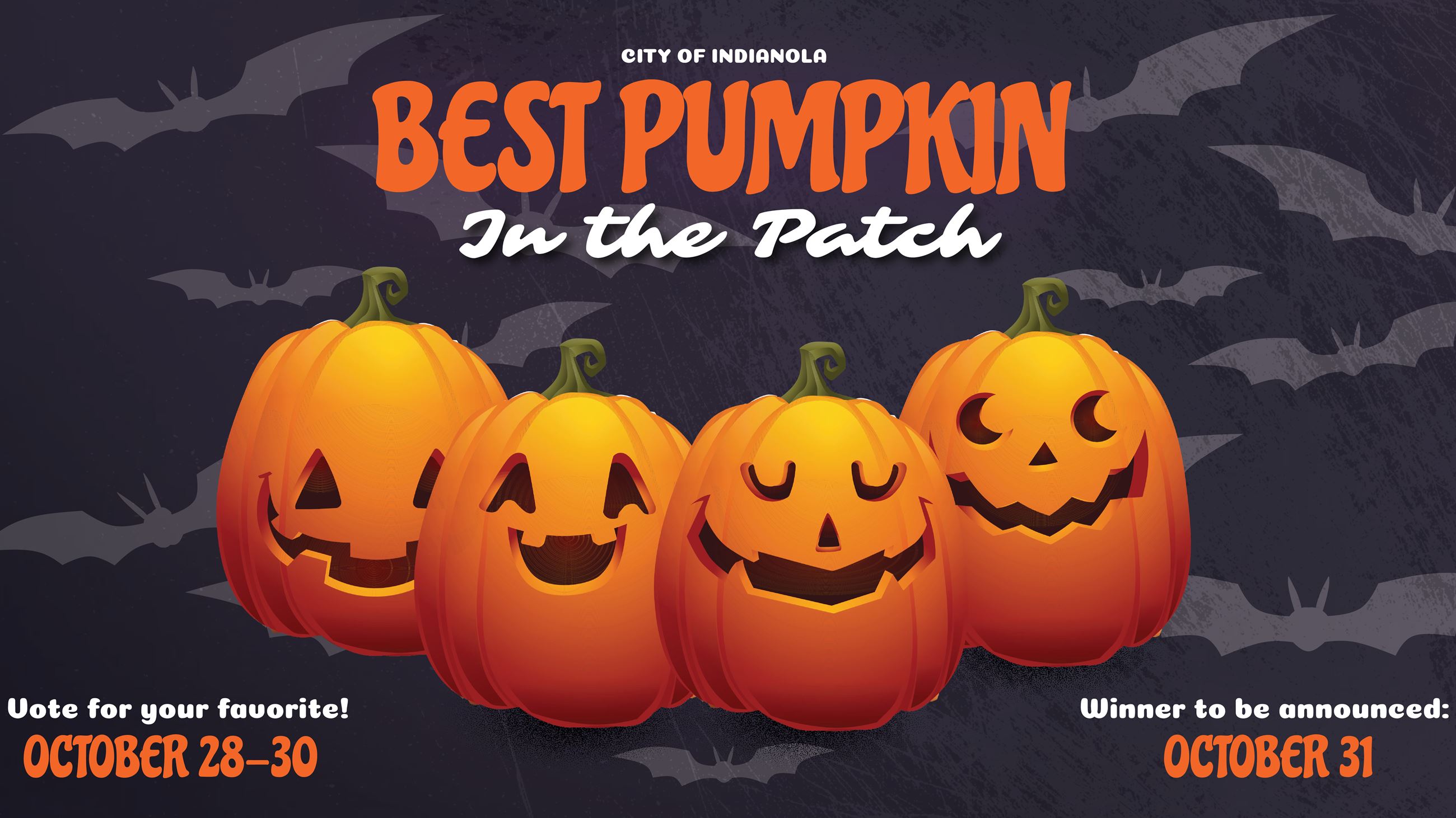 Four orange pumpkins sit to promote the City of Indianola Best Pumpkin in the Patch Contest