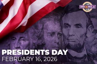 A composite image of four U.S. presidents with the City of Indianola logo for Presidents Day 2026.