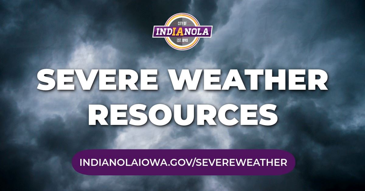 A photo of stormy clouds with text that reads "Weather Resources" and the City of Indianola lo