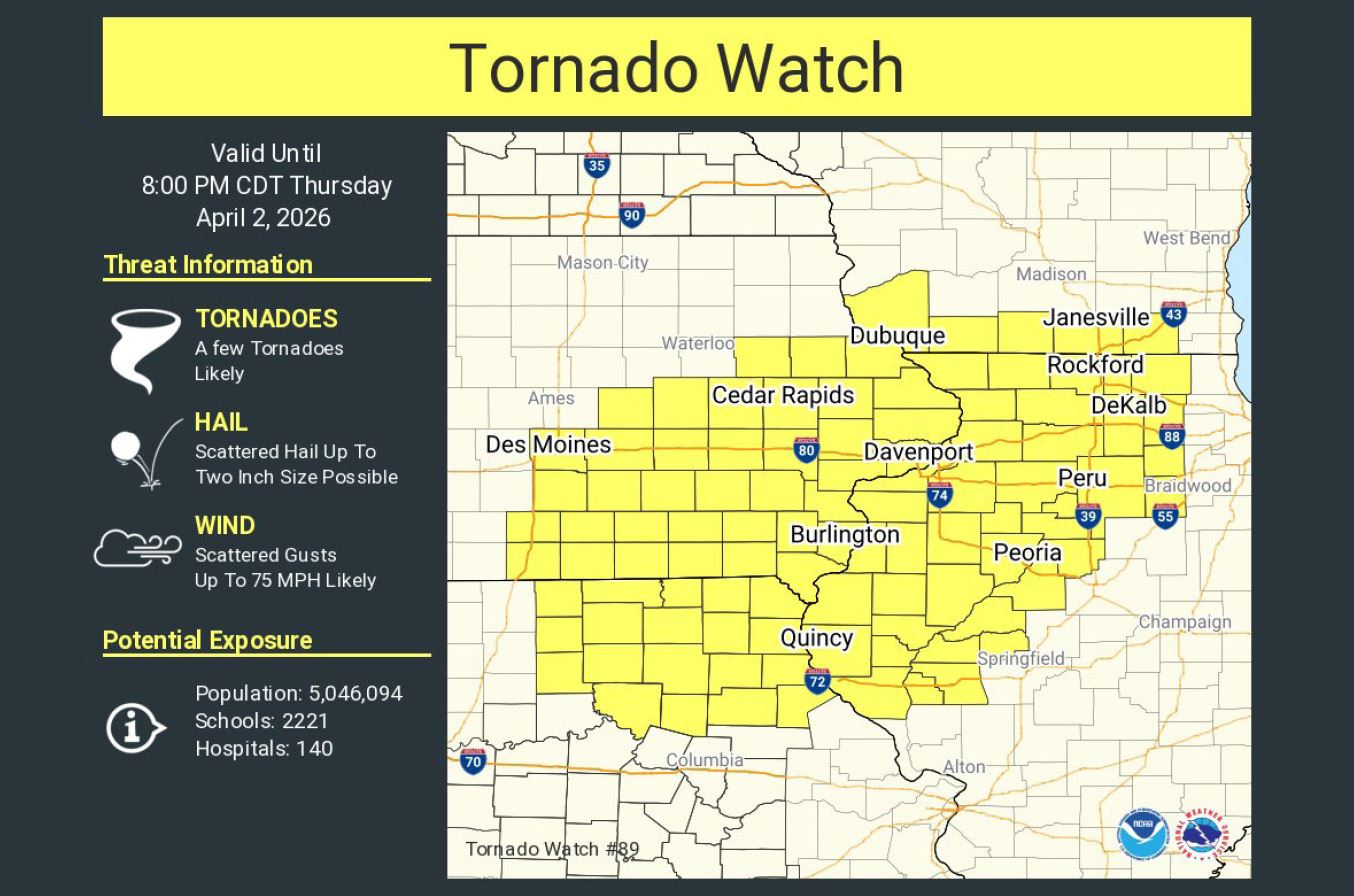 Tornado Watch issued for Indianola and Warren County until 8 p.m. Thursday, April 2, 2026.