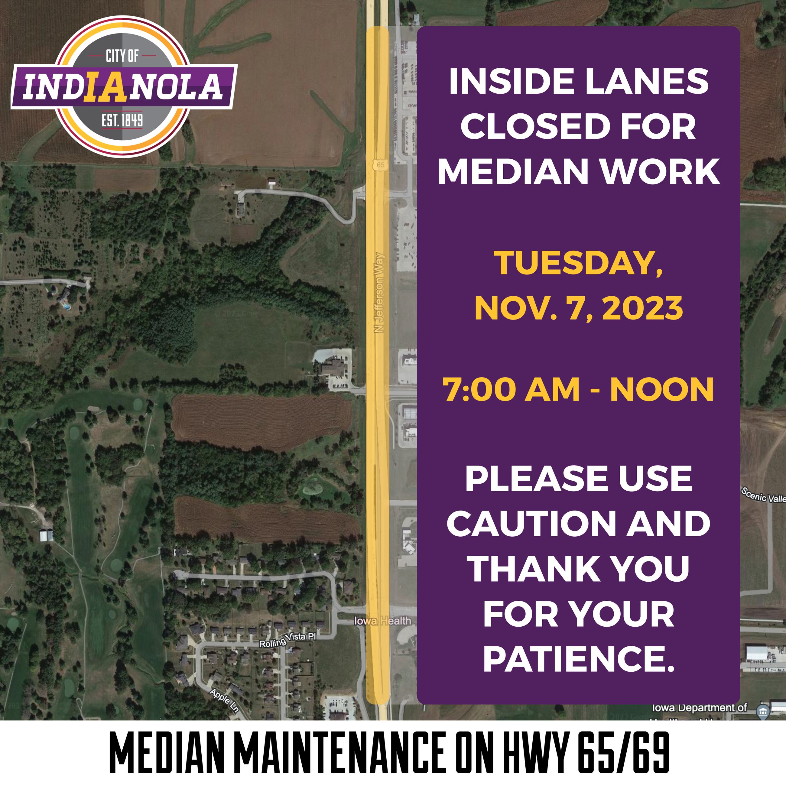 Graphic highlighting area where median maintenance will occur along Highway 65/69 on Nov 7, 2023.