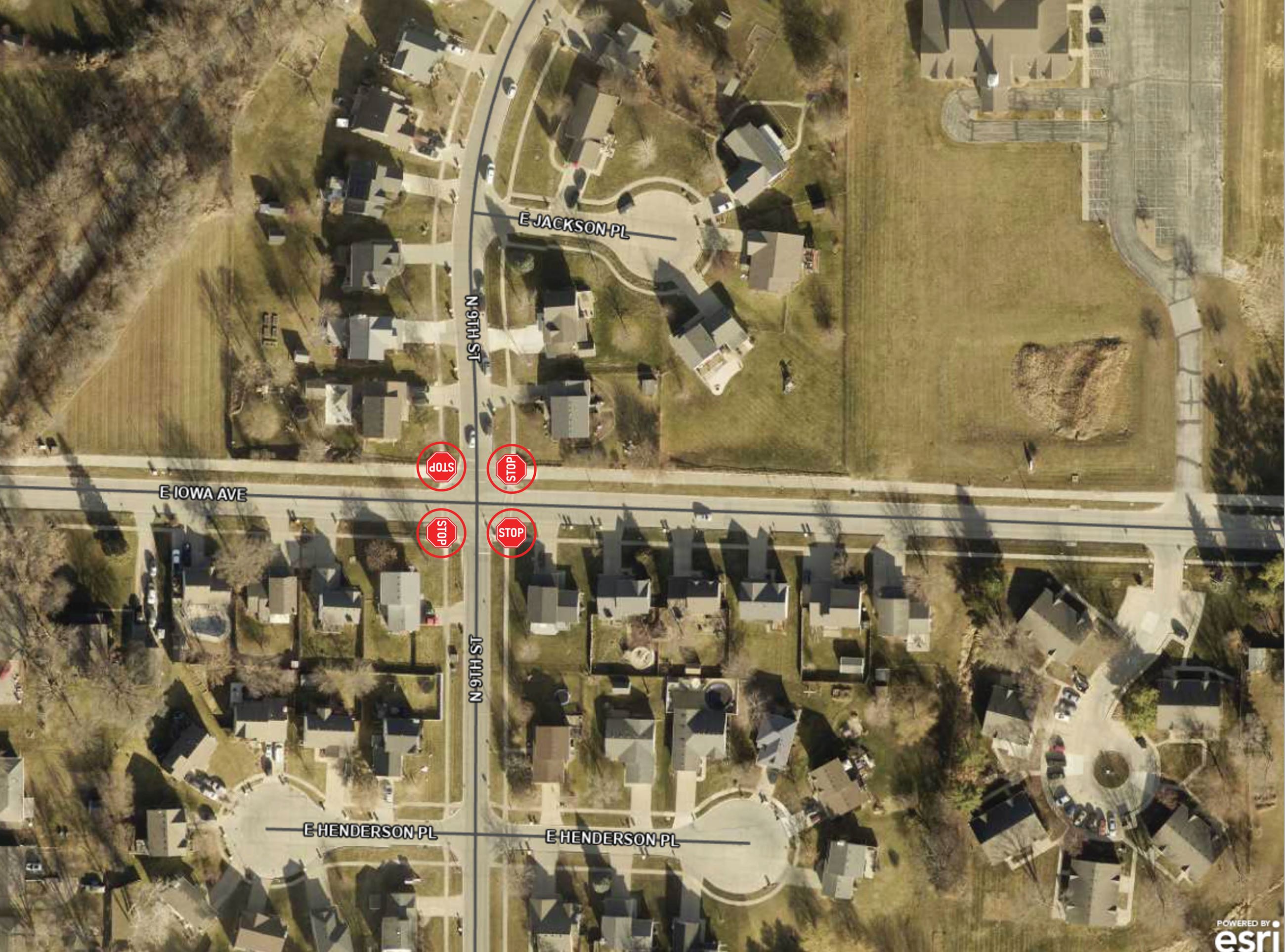 An aerial view of the North 9th Street & East Iowa Avenue intersection.