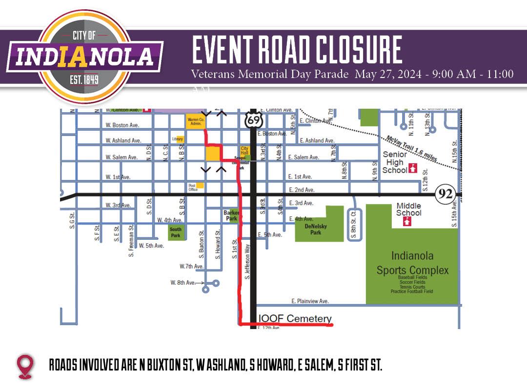 Route for the Veterans Memorial Day Parade on Sunday, May 27, 2024, in Indianola, Iowa.