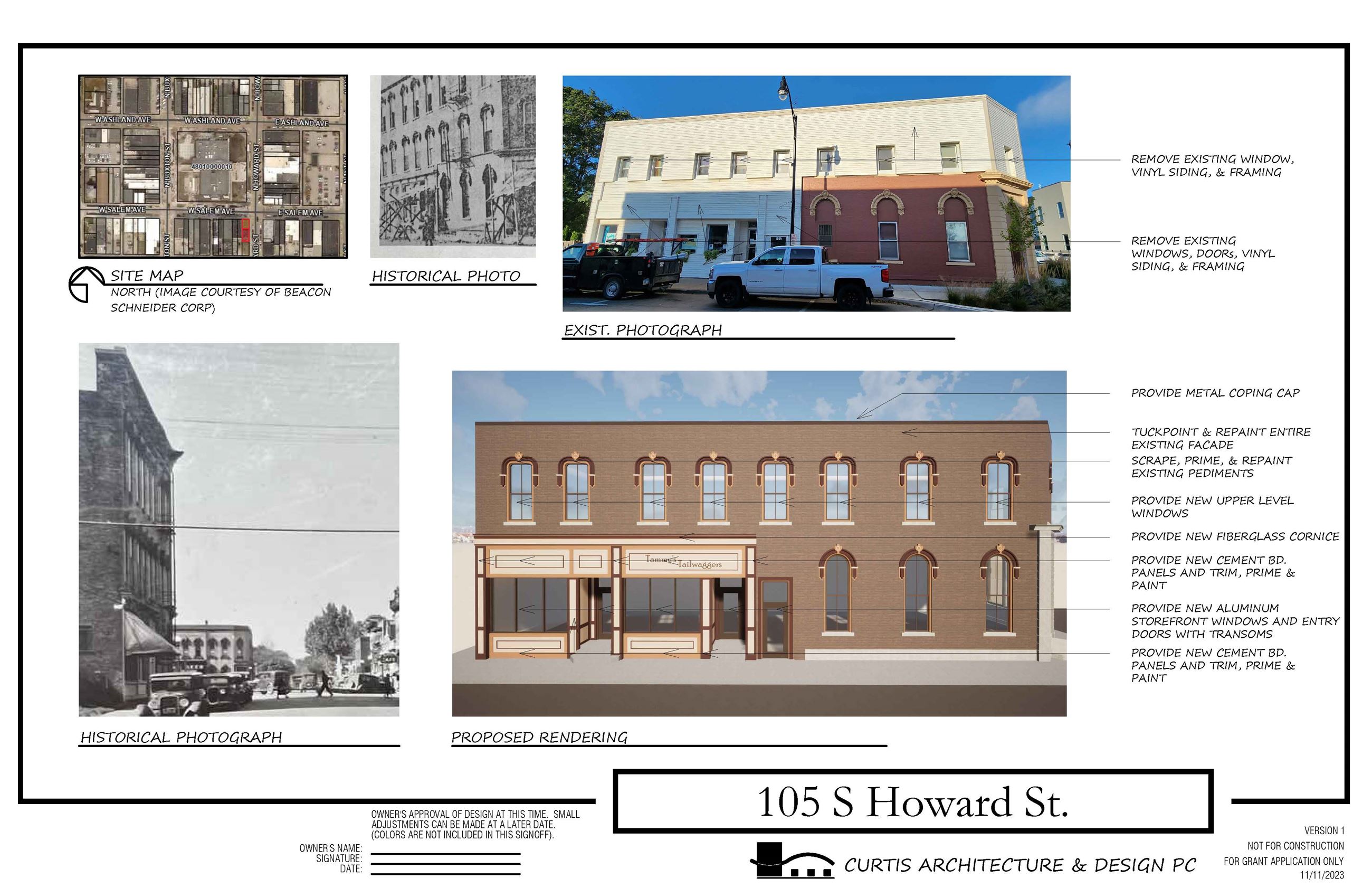 Project information and preliminary renderings for 105 S Howard Street for the CBDG grant.