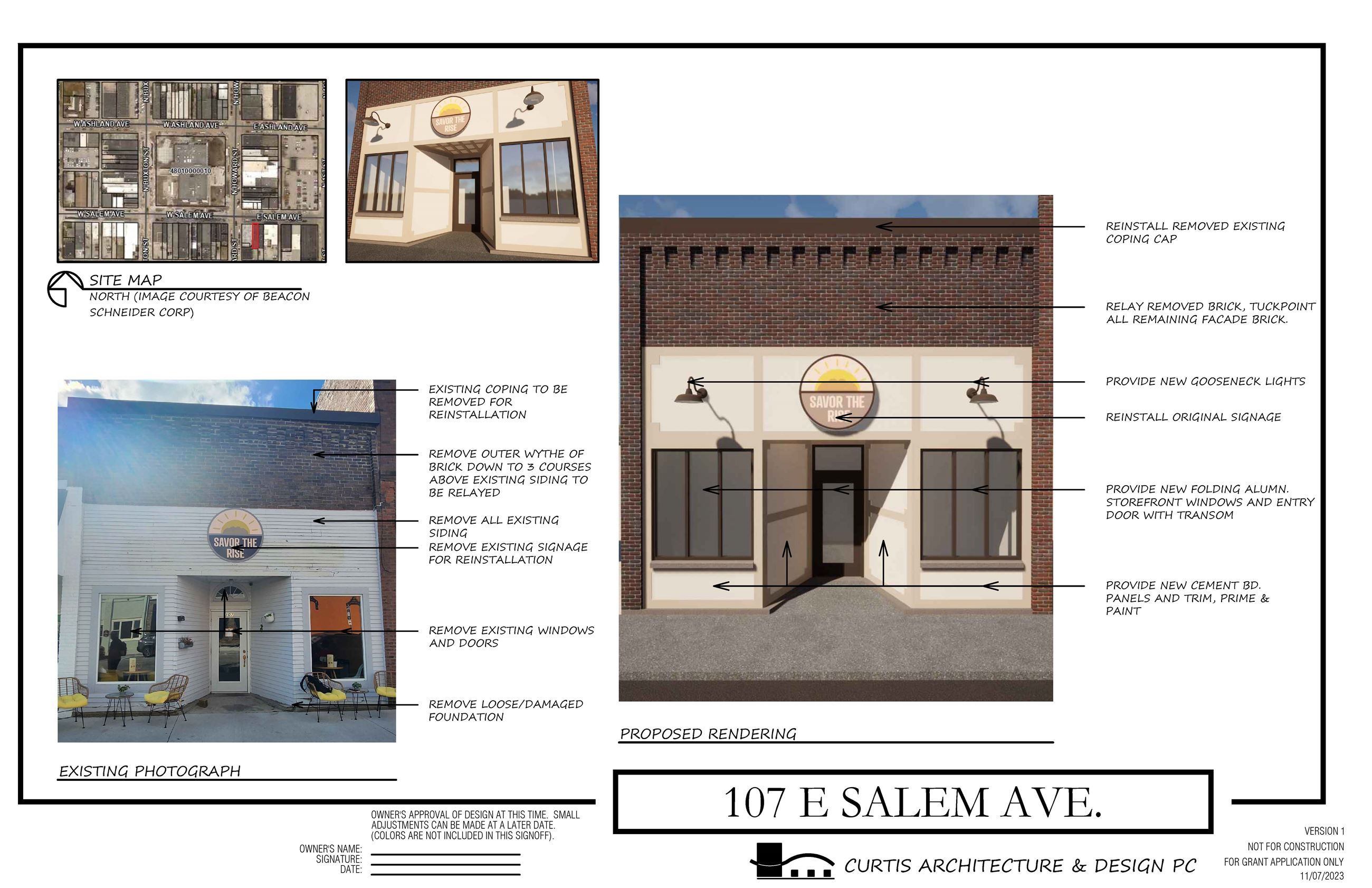 Project information and preliminary renderings for 107 E Salem Avenue for the CBDG grant.