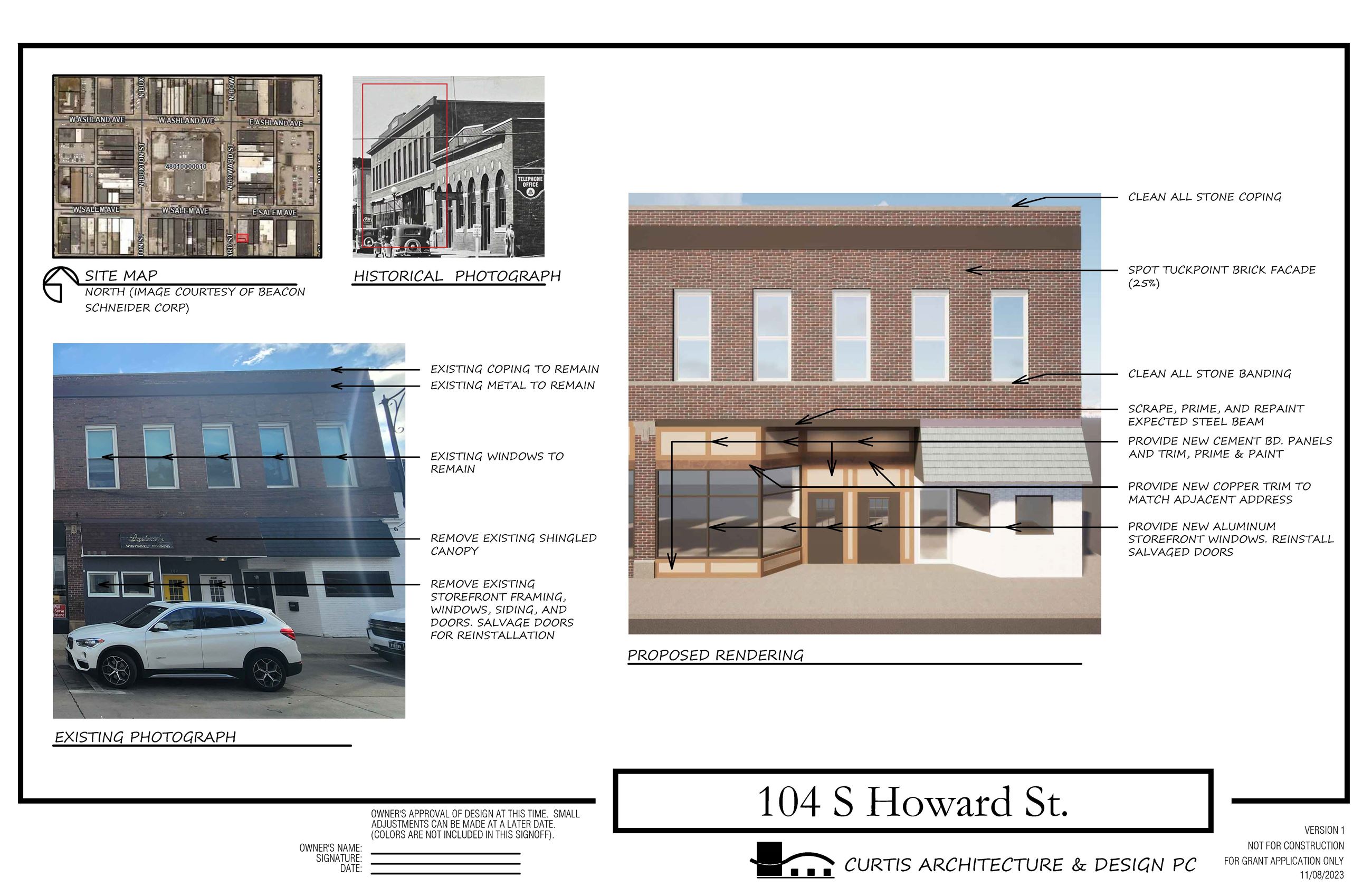 Project information and preliminary renderings for 104 S Howard Street for the CBDG grant.