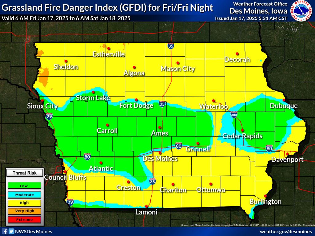 Grassland Fire Danger Index shows the state of Iowa and areas that impose different risk levels.
