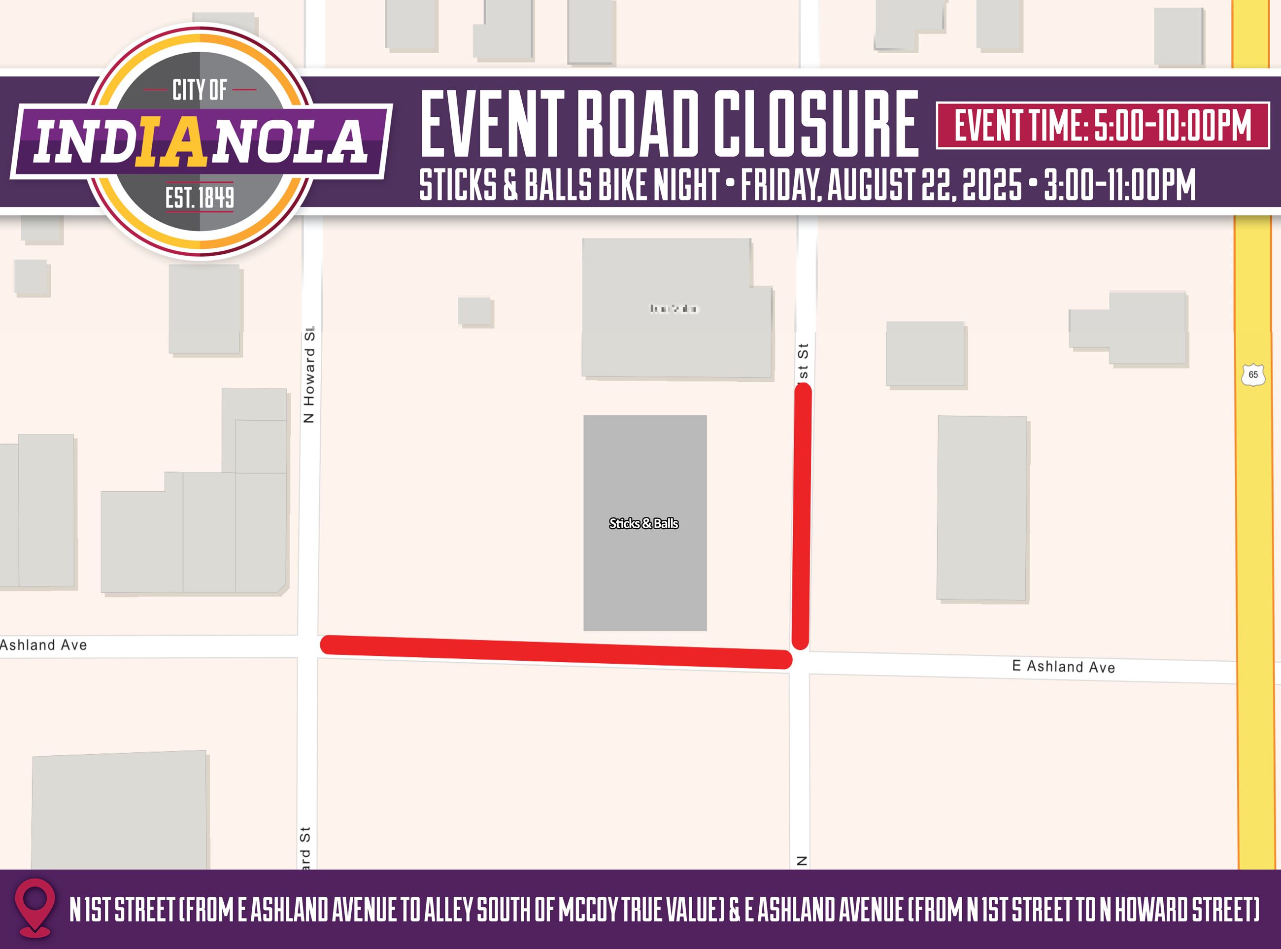 Aerial map overview of Sticks & Balls Bike Night n Indianola, Iowa, on Friday, August 22, 2025.