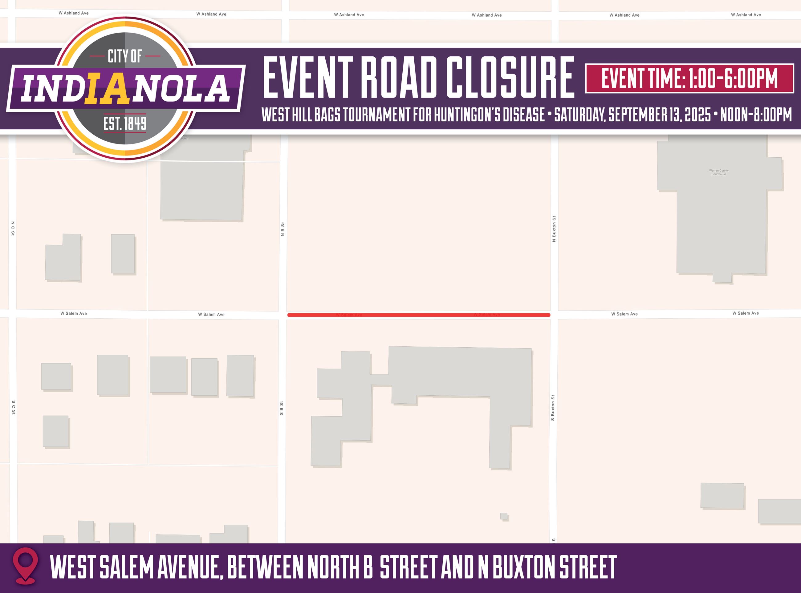 An aerial map of a road closure for West Hill Brewing Bags Tournament on Saturday, Sept. 13.
