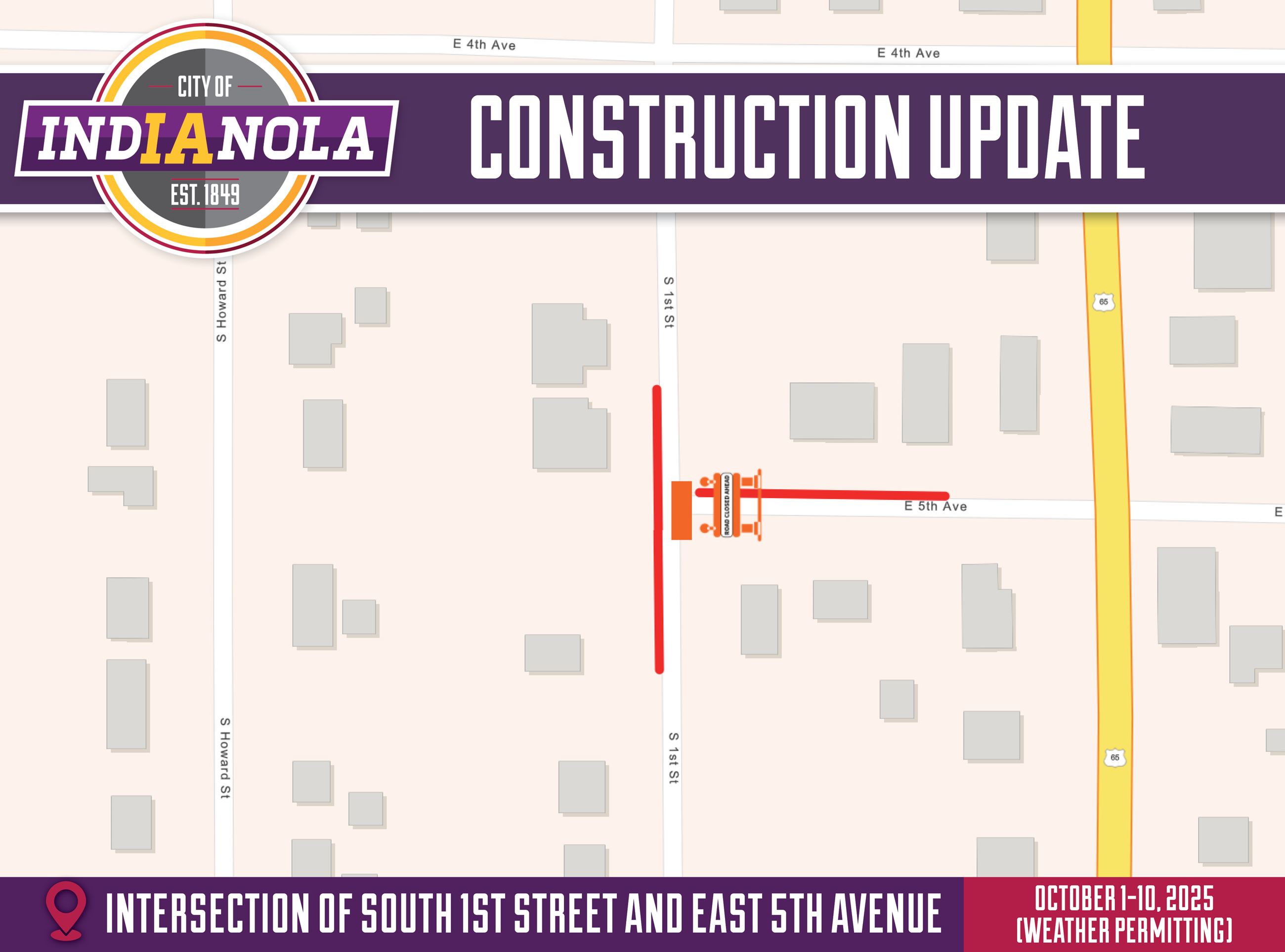 Aerial map overview of storm sewer repairs between S 1st Street and E 5th Avenue in Indianola.