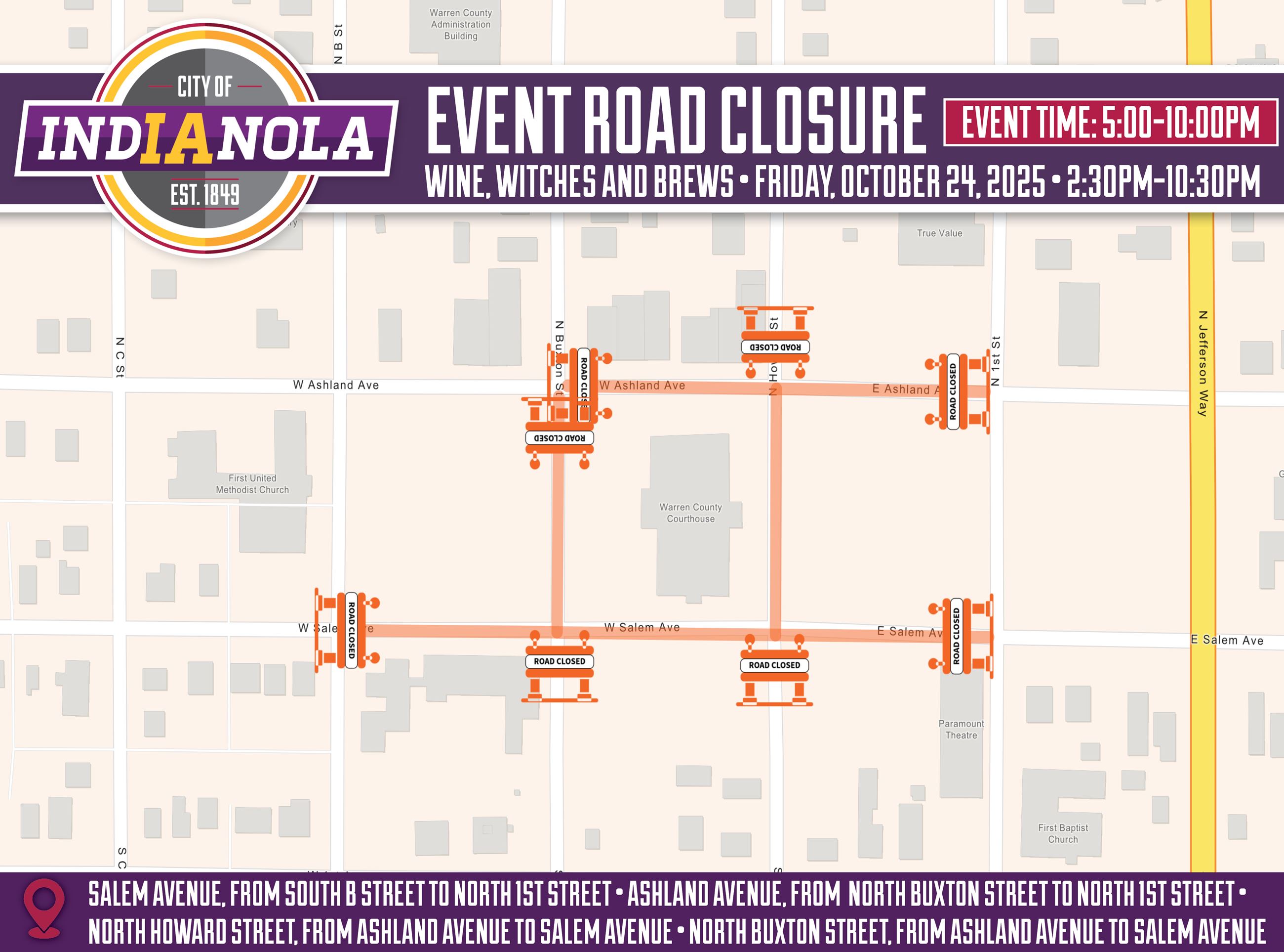 Aerial map overview of road closures on the Indianola Downtown Square for Wine, Witches and Brews.