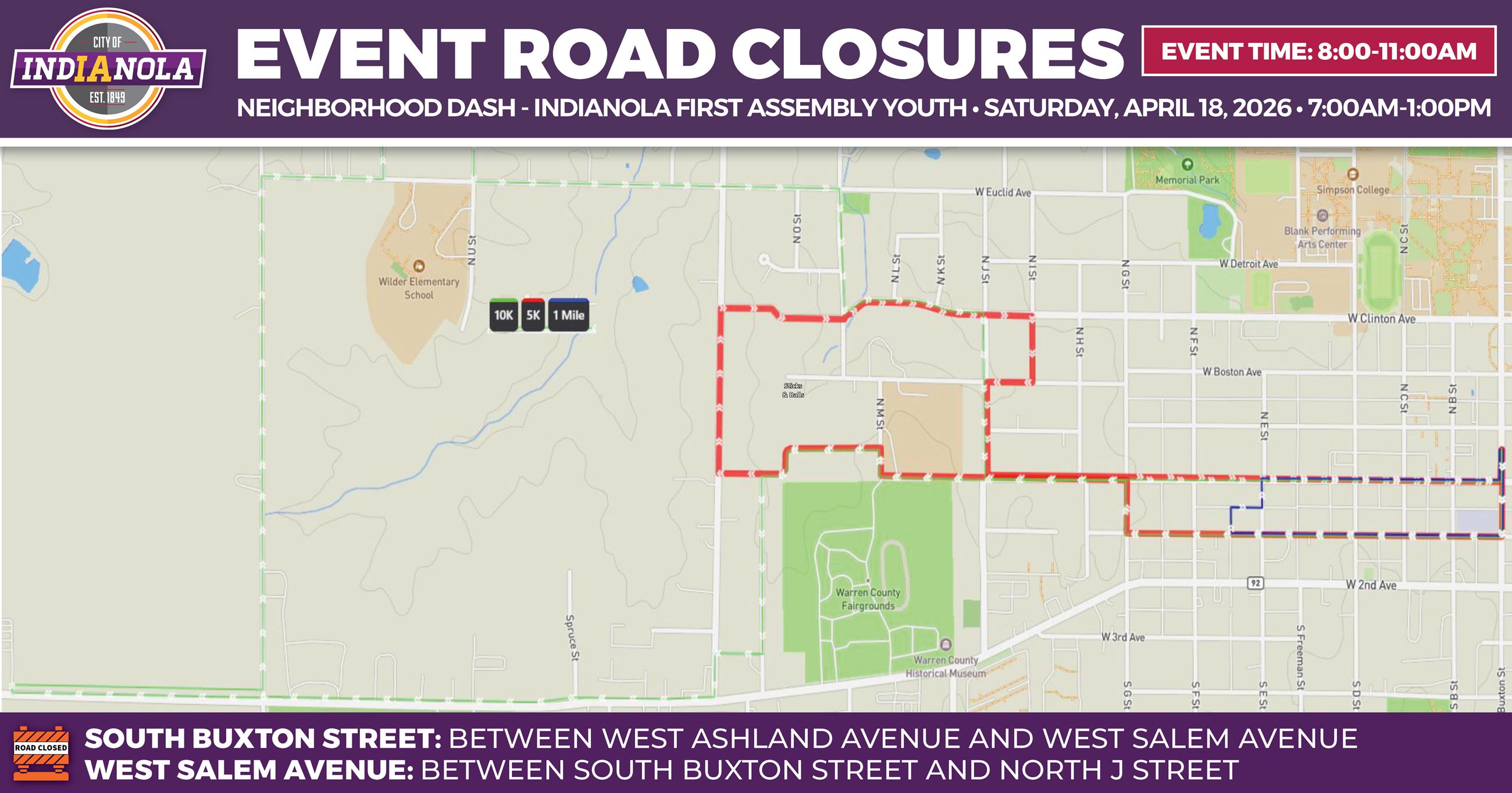 Aerial map overview of the road closures for the Neighborhood Dash on Saturday, April 18, 2026.