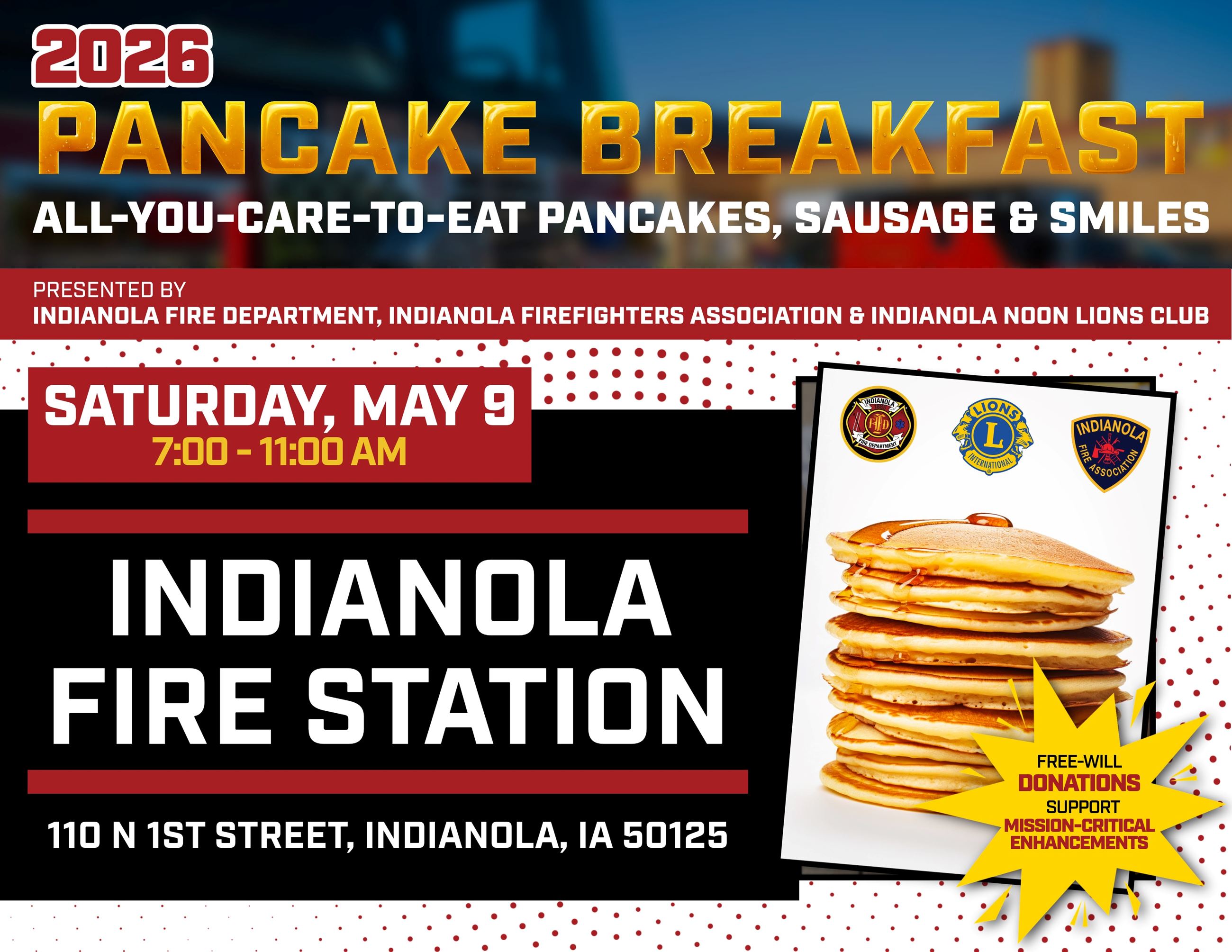 A flyer promoting the Indianola Fire Department Pancake Breakfast on Saturday, May 9, 2026.
